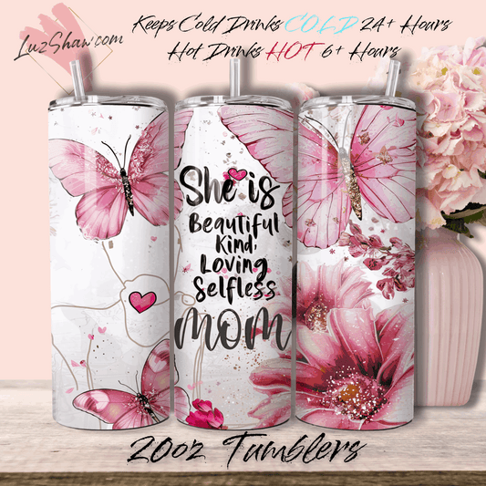 Mom Pink Flowers Butterflies 20oz Stainless Steel Custom Sublimation Print Double Wall Vacuum Insulated Tumbler