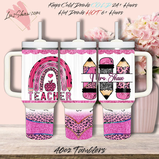 Personalized Teacher Purple Pink Design 40oz Stainless Steel Custom Sublimation Print Double Wall Vacuum Insulated Tumbler