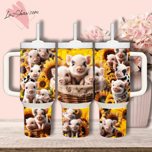 Cute Little Pigs and Sunflowers 40oz Stainless Steel Custom Sublimation Print Tumbler Double Wall Vacuum Insulated Piggies Sunflowers Design