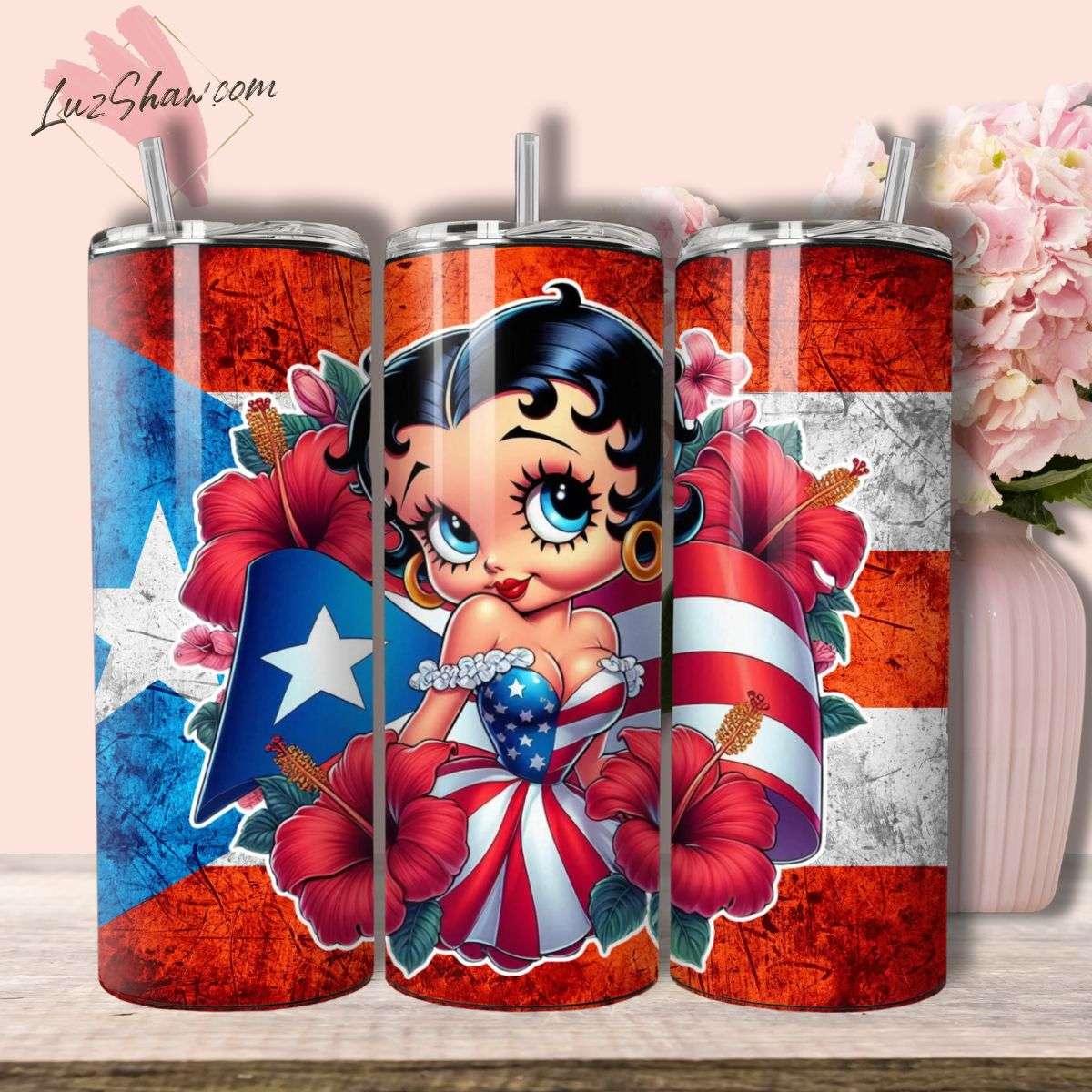 Puerto Rico Betty 20oz Stainless Steel Custom Sublimation Print Double Wall Vacuum Insulated Tumbler, 7 Styles to Choose from