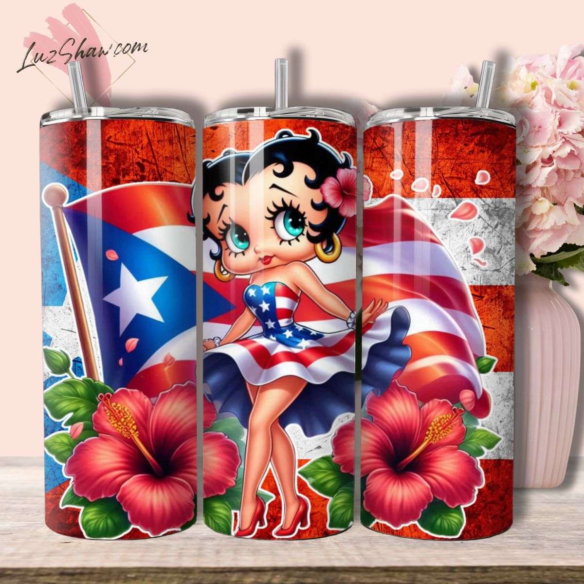 Puerto Rico Betty 20oz Stainless Steel Custom Sublimation Print Double Wall Vacuum Insulated Tumbler, 7 Styles to Choose from