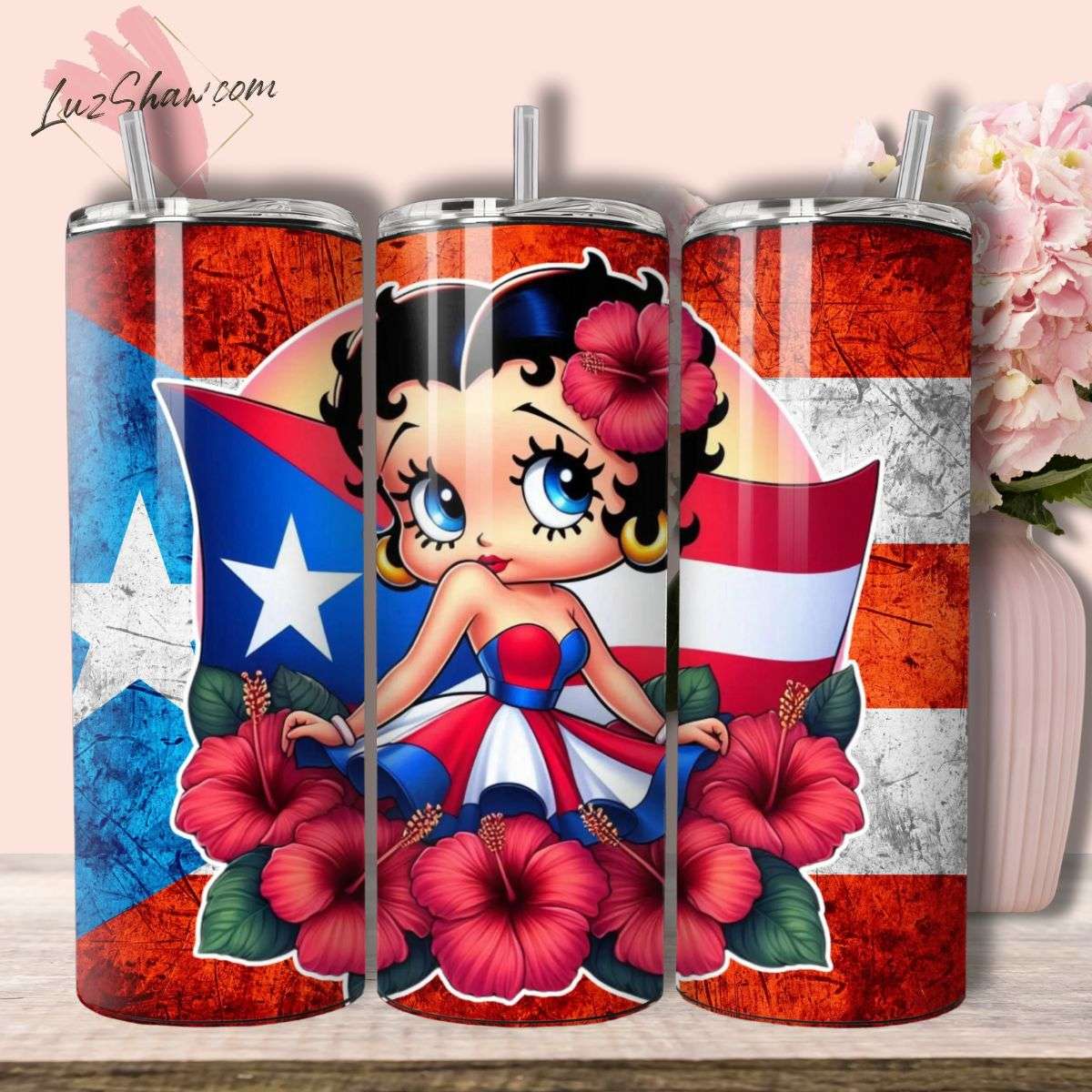 Puerto Rico Betty 20oz Stainless Steel Custom Sublimation Print Double Wall Vacuum Insulated Tumbler, 7 Styles to Choose from