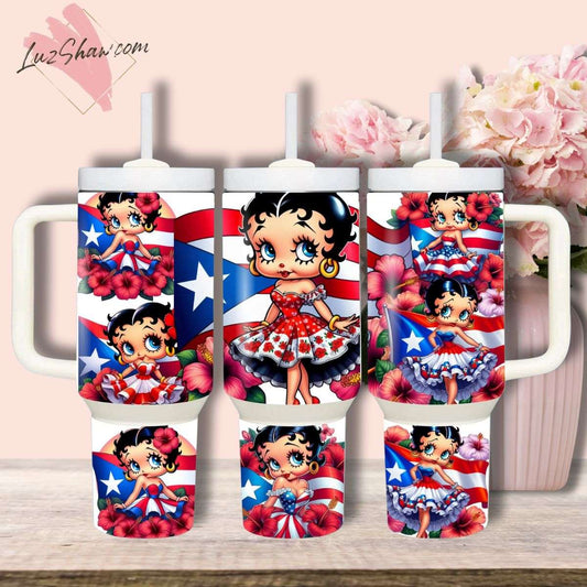 Puerto Rico Betty 40oz Stainless Steel Custom Sublimation Print Double Wall Vacuum Insulated Tumbler