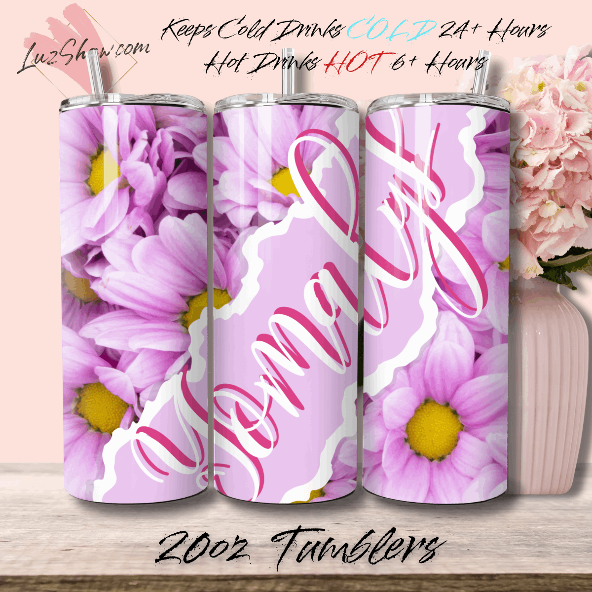 Personalized Purple Daisies 20oz Stainless Steel Custom Sublimation Print Double Wall Vacuum Insulated Tumbler