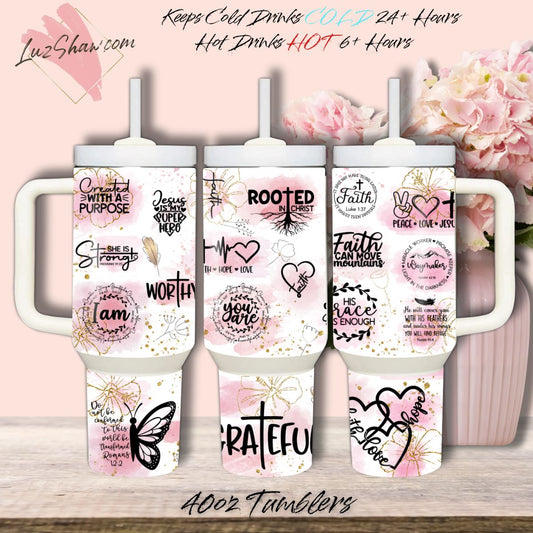 Spiritual Quotes White Pink Design 40oz Stainless Steel Custom Sublimation Print Double Wall Vacuum Insulated Tumbler
