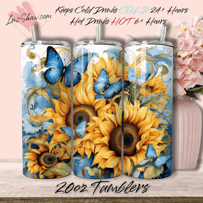 Sunflowers Blue Butterflies 20oz Stainless Steel Custom Sublimation Print Double Wall Vacuum Insulated Tumbler
