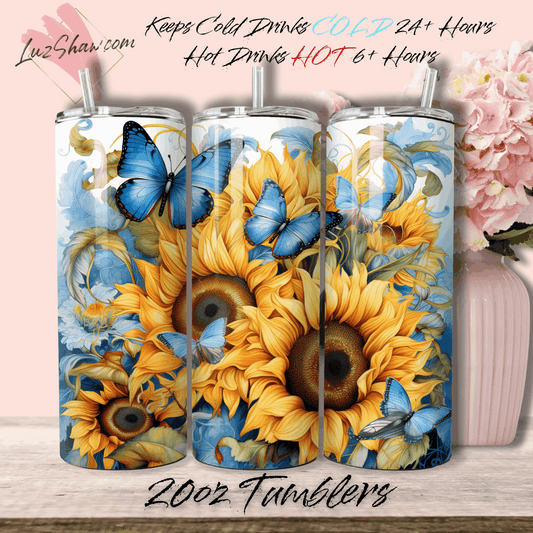 Sunflowers Blue Butterflies 20oz Stainless Steel Custom Sublimation Print Double Wall Vacuum Insulated Tumbler