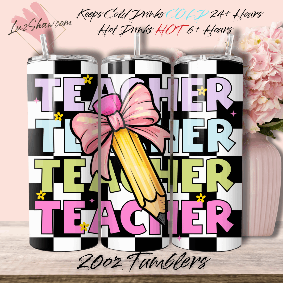 Teacher Coquette Pencil Checkered Background 20oz Stainless Steel Custom Sublimation Print Double Wall Vacuum Insulated Tumbler