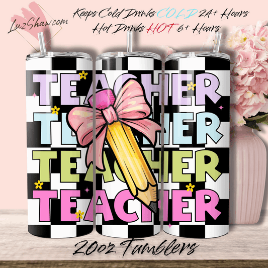 Teacher Coquette Pencil Checkered Background 20oz Stainless Steel Custom Sublimation Print Double Wall Vacuum Insulated Tumbler