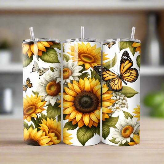 Yellow Butterflies Sunflowers Design 20oz Stainless Steel Custom Sublimation Print Double Wall Vacuum Insulated Tumbler